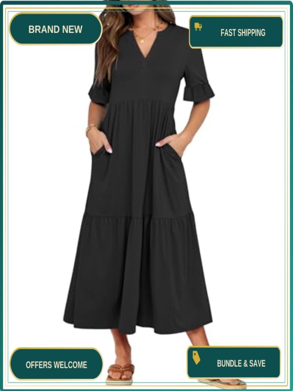 Womens Casual Maxi Dress Ruffle Short Sleeve V-Neck Flowy Midi with Pockets